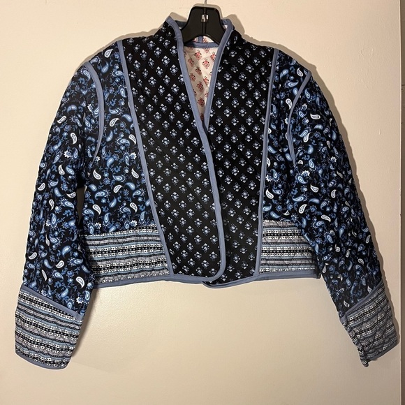 Cropped Puffer Jacket Stand Collar Floral Printed Open Front Quilted Lig… - Picture 14 of 15